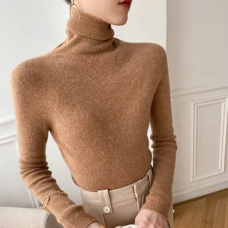 Women Sweater Winter Cashmere Turtleneck Warm Knitwear Korean Casual Solid Bottoming Shirt Fashion Knit Pullovers Brown 241025