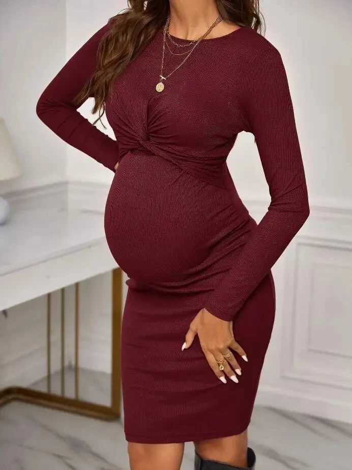 Solid maternity long sleeved dress 2023 autumn maternity cross knitted dress maternity club clothing W241026