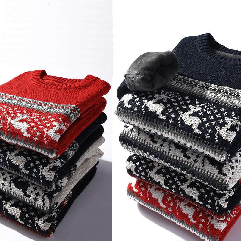 Winter Male Clothing White Thick Fleece Wool Men's Jumpers Pullover Coats Jacquard Deer Christmas Knitted Sweater Men