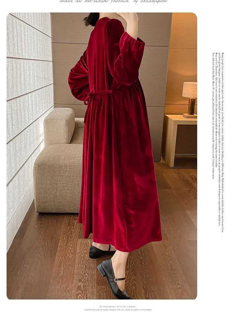 Winter maternity basic dress long sleeved V-neck elegant maternity dress Velour dress plus size maternity party dress black and red W241026