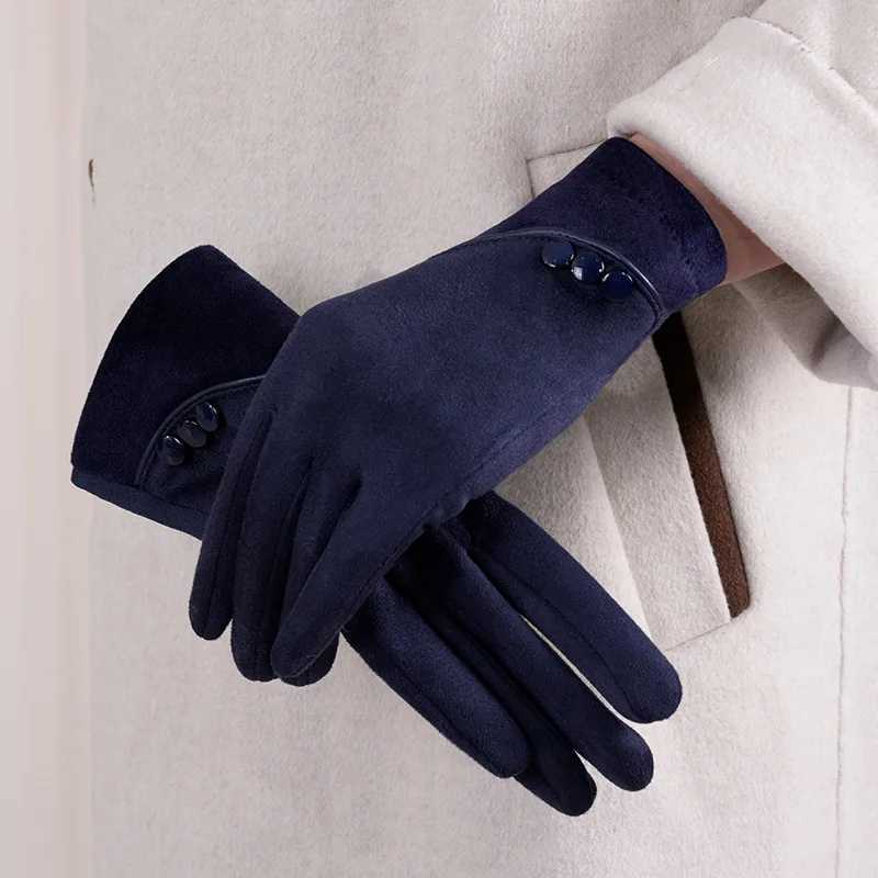 Fashionable and Warm Suede Touchscreen Gs Suitable for Womens Autumn and Winter Warmth Plus Velvet Thickened Outdoor Sports Bicycle Driving Gloves W24