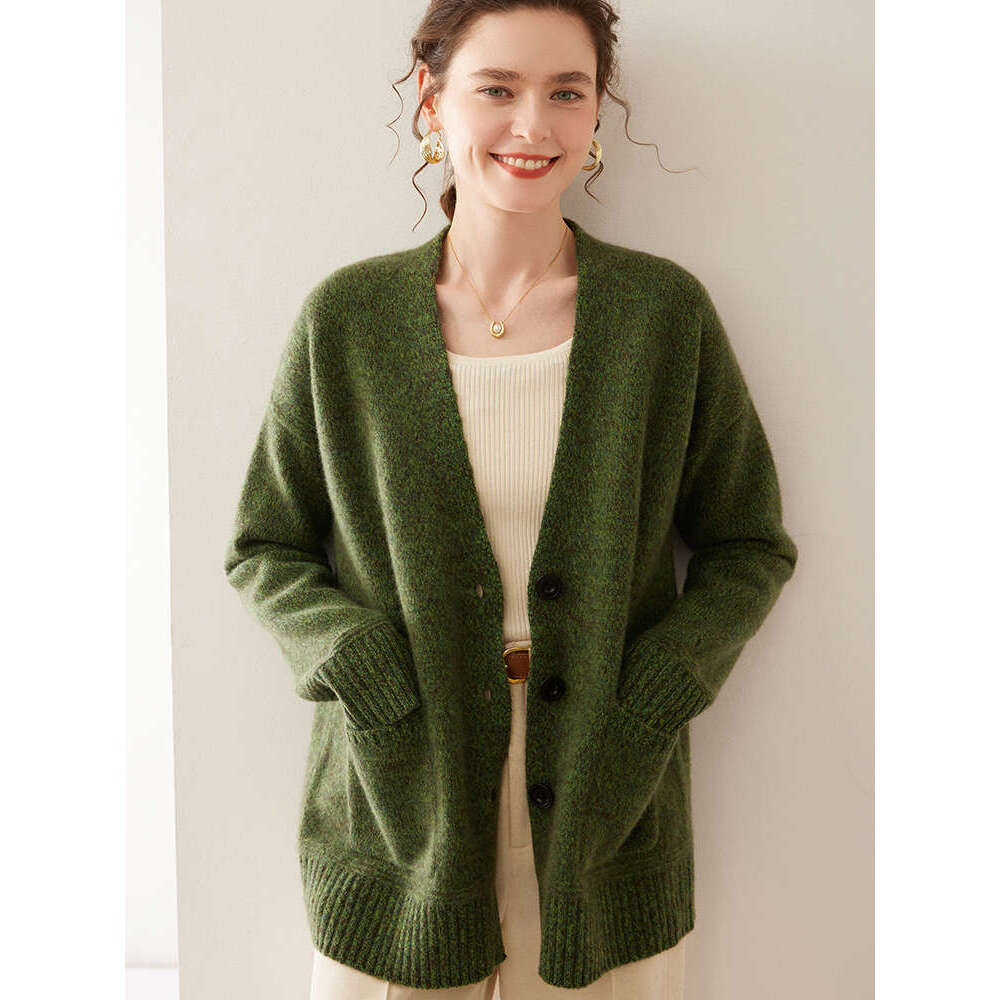 New Chic Women V-Neck Cardigan Sweater Autumn Winter Thick Loose Casual 100% Cashmere Knitwear Coat Korean Clothes Tops