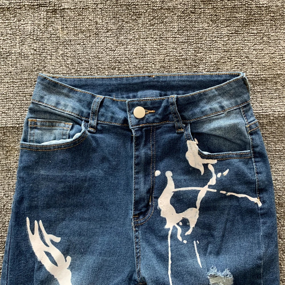 Summer Fashion Y2K Retro Ripped Hole Jean Print High Waist Skinny Stacked Blue Denim Pants Streetwear Elastic Trousers 241025
