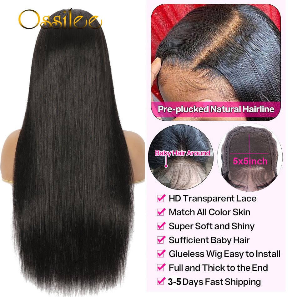 5x5 HD Straight Glueless Human Brazilian 6x6 Lace Closure Pre Plucked Ossilee Hair Wig