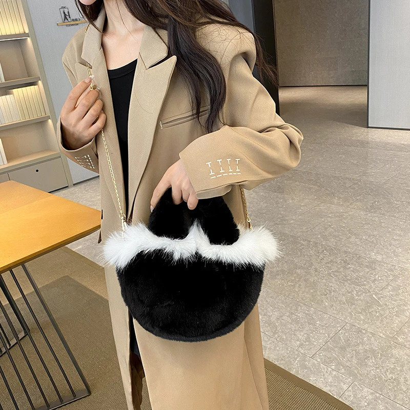 Small bucket bag handbag fluffy plush cross body bag womens soft top handbag womens faux fur handbag 241025