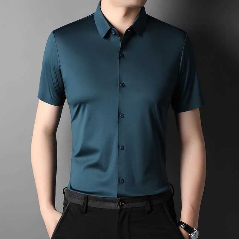 MLSHP High Elasticity Summer Mens Shirt Luxury Short Slip Solid Color Seamless Business Casual Mens Dress 4XL W241026