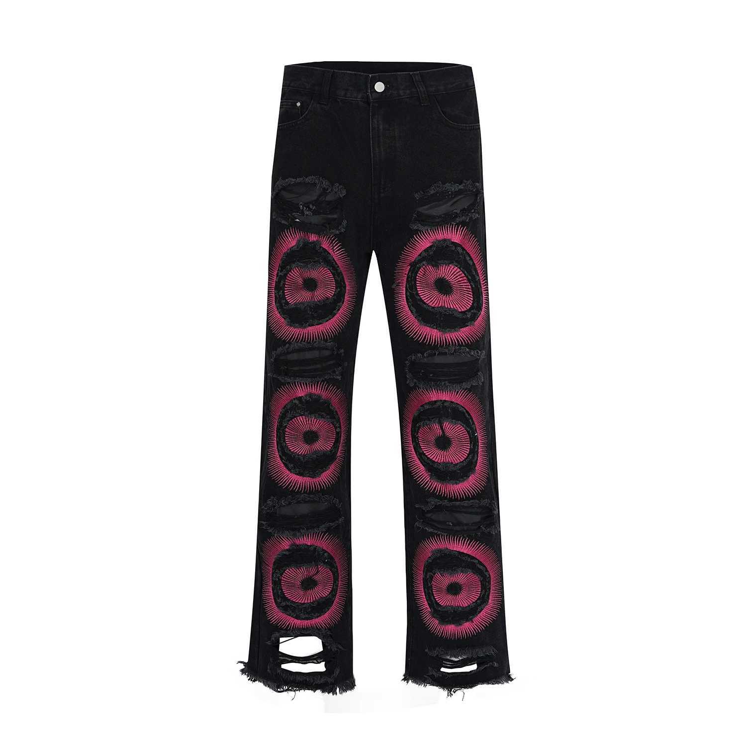 Y2k spandex embroidered open top wide jeans suitable for men washing destroying tearing Flared jeans men Tassels hip-hop jeans loose jeans X241026