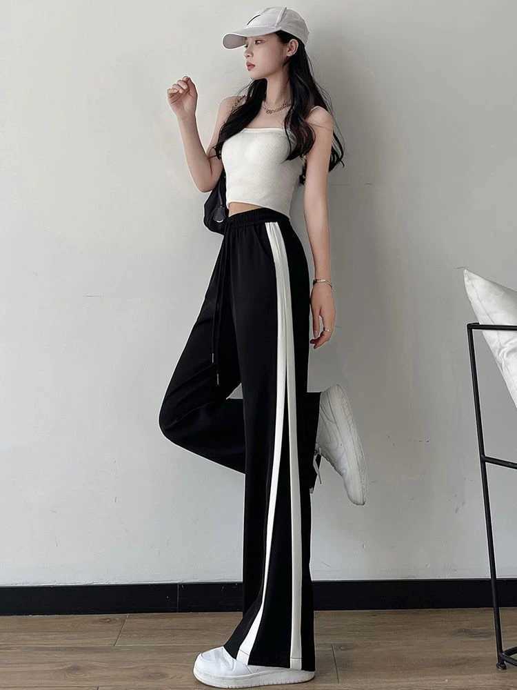 Fashionable simple womens striped straight casual loose comfortable sporty gentle Korean style empire in summer M241111