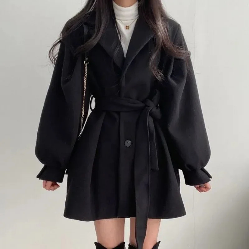 Arrival Korean Style Chicautumnwinter Loosefit Womens Woolen Jacket Mediumlength Petite Collar Wool Blends Coat 241025