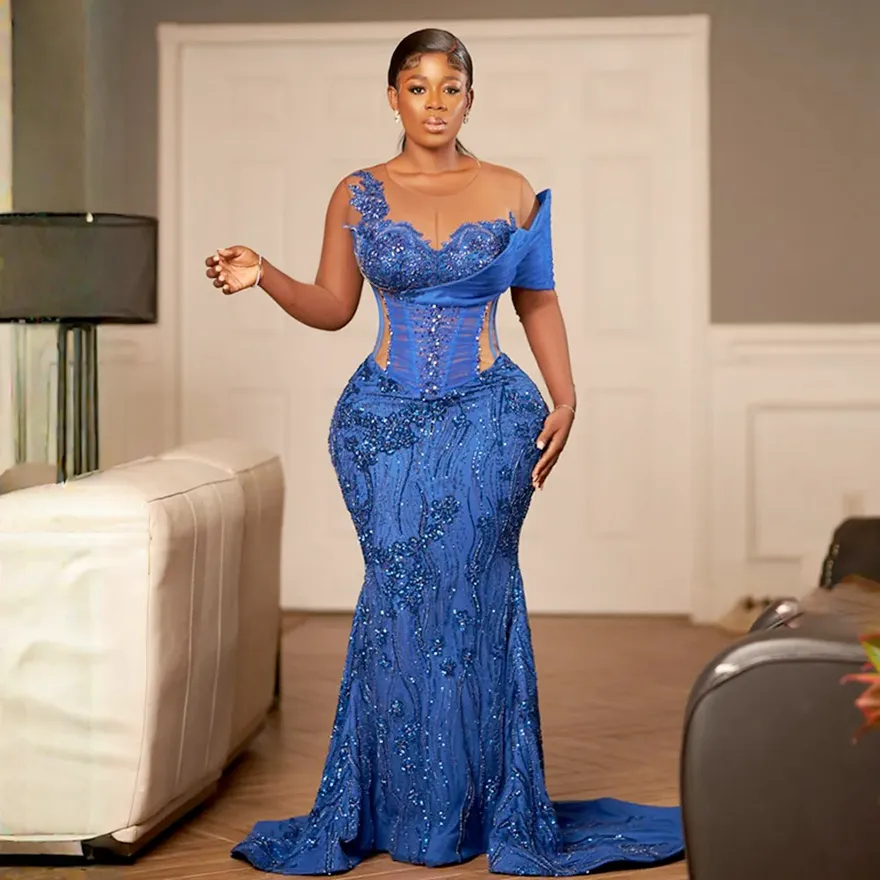 Aso Ebi Lace Beaded Mermaid Evening Dresses Sleeveless Off Shoulder Corset African Formal Occasion Dress Lace-Up Elegant Blue Sequins Glitter Prom Gow