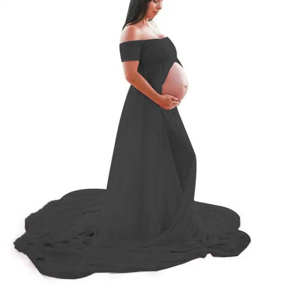 Pregnant womens long dress with chiffon patch solid color shoulder front seam floor length dress prop W241026