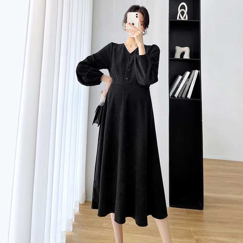 Autumn and winter maternity clothing long sleeved Corduroy shirt office womens dress elegant maternity dress black khaki W241026