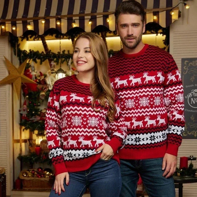 2024 Christma Men Kids Matching Outfits Knit Sweater Jacquard Jumper Long Sleeve Pullover Female Warm Thick Top Xmas Look 241025