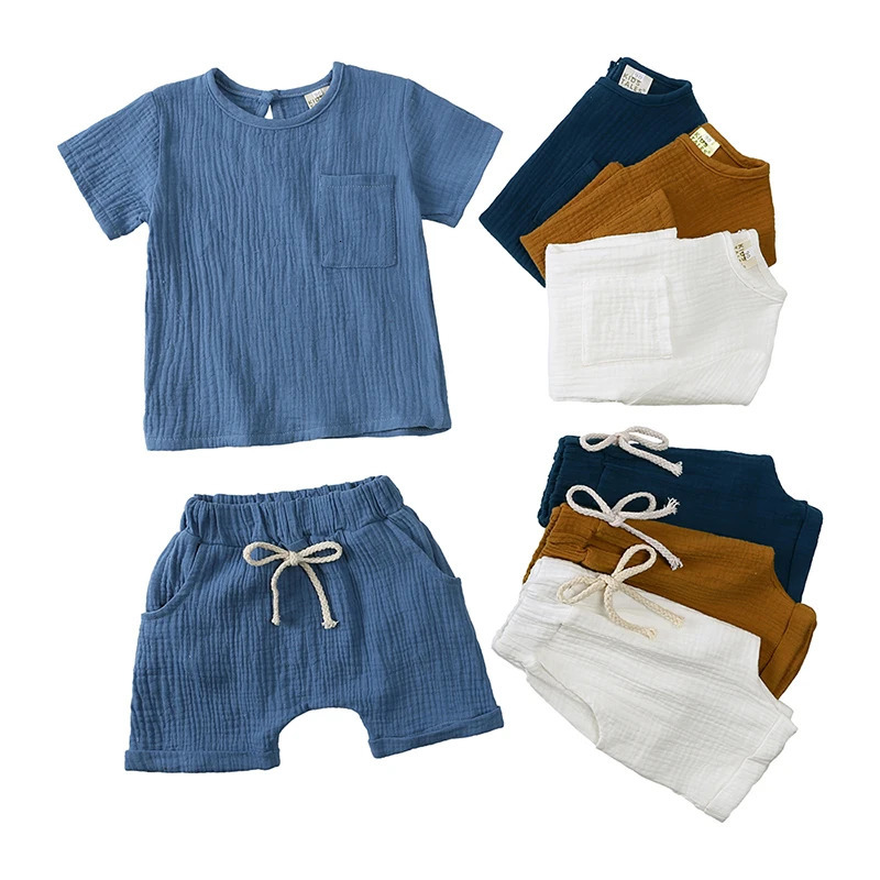 2024 Summer Toddler Baby Clothes Short Sleeve Elastic Shorts Breathable Cotton Suit For 024M Infant Boy Girl Solid Outfits 241025