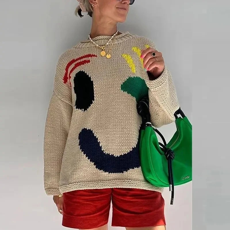 2024 Autumn Womens Oversized Sweaters O Neck Knitwear Long Sleeve Loose Fit Pullovers Female Casual Smile Boho Sweater Tops 241025
