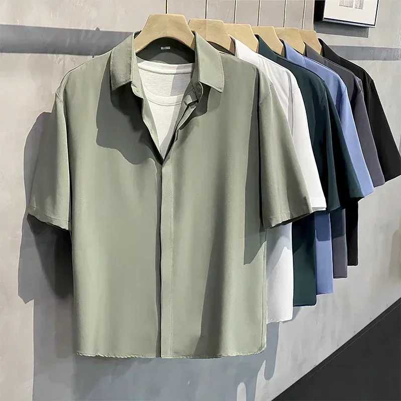 Summer mens wrinkle resistant solid color short sleeved shirt office casual loose button pocket fashionable shirt mens clothing top W241026