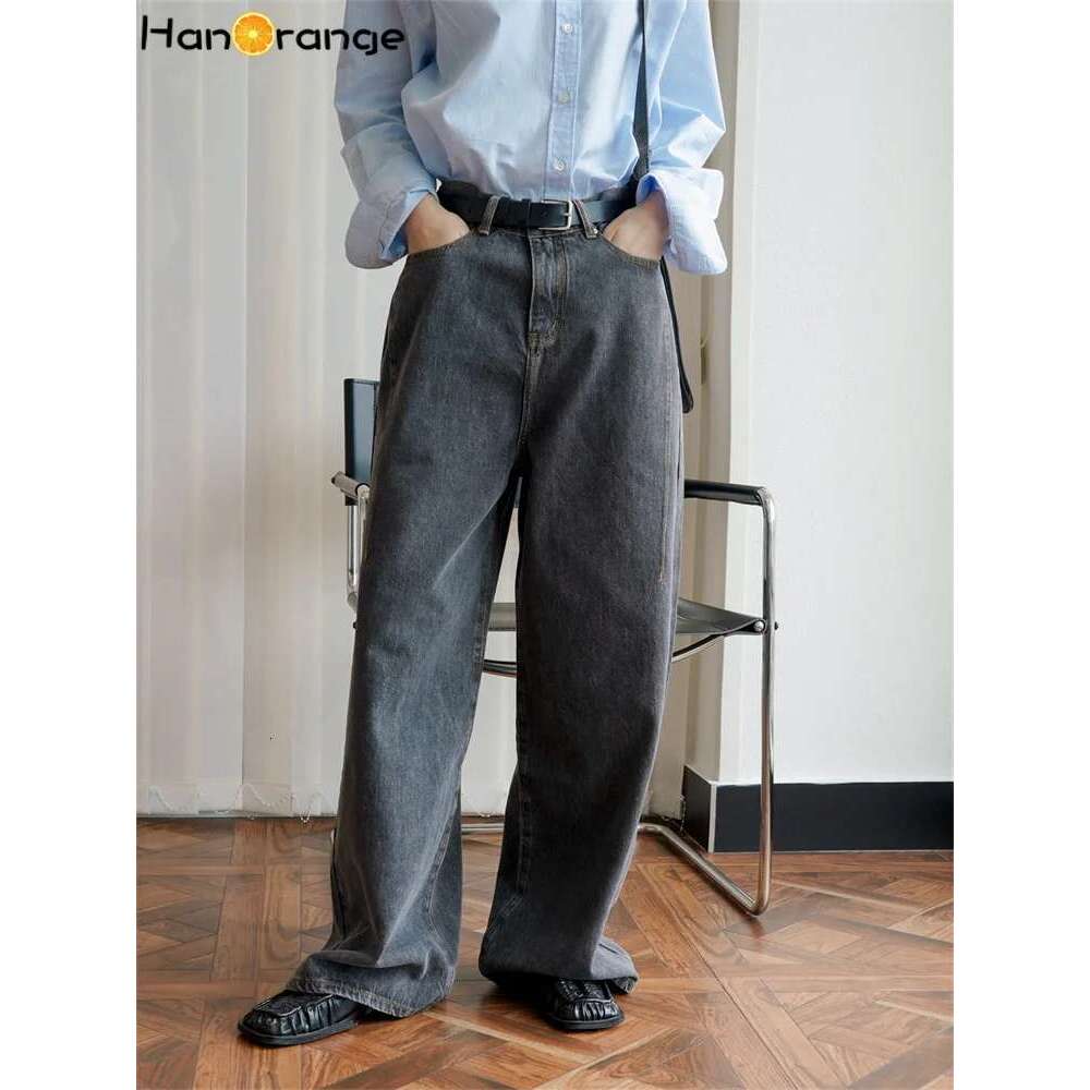 Hanorange 2024 Autumn Vintage Personalized High Waist Wide Leg Jeans Women Loose Washed Casual Denim Pants Female Cool Ash Gray