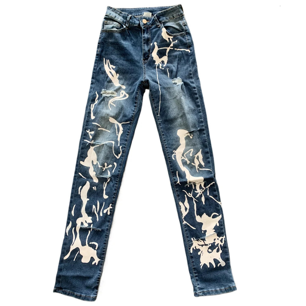 Summer Fashion Y2K Retro Ripped Hole Jean Print High Waist Skinny Stacked Blue Denim Pants Streetwear Elastic Trousers 241025
