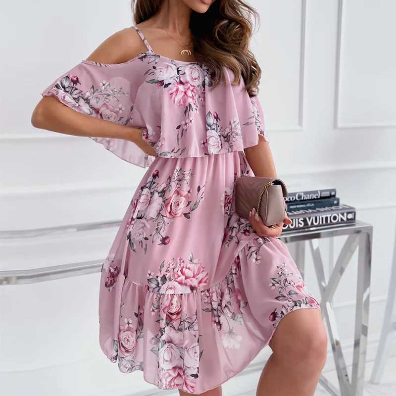 Sexy Womens Dress 2022 Summer Pregnant Women Flower Printed Shoulder Dress Pregnant Womens Dress Chiffon Beach Bohemian Dress Vestidos W241026