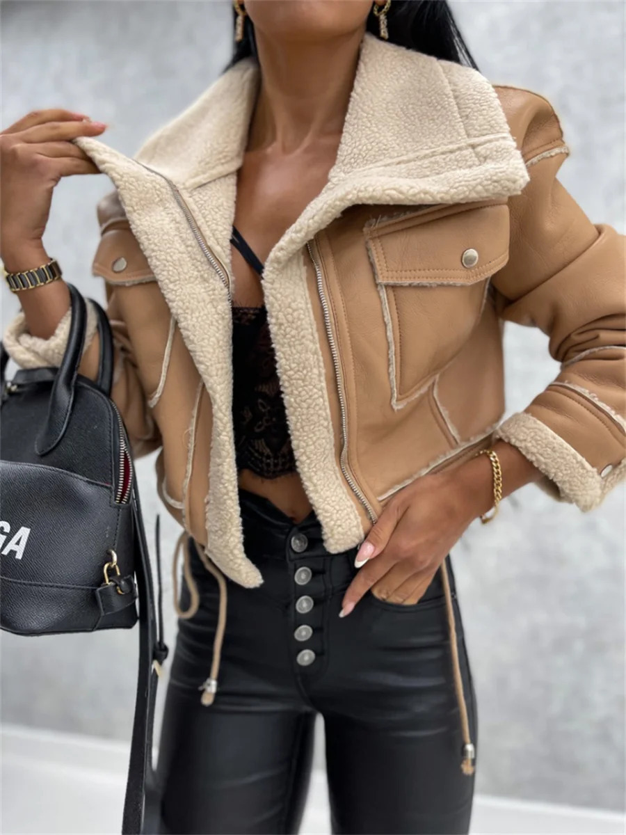 WSEVYPO wool patch work suede winter warm jacket womens casual long sleeved lapel collar zipper jacket street party jacket 241025