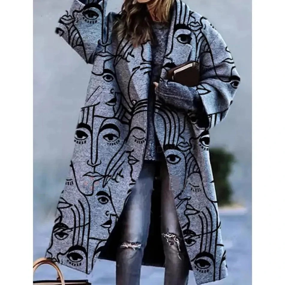 2023 Autumn Winter Womens LongSleeved Lapel Coat Printed Tweed Long Windbreaker Wool Blends Coats And Jackets S3XL 241025