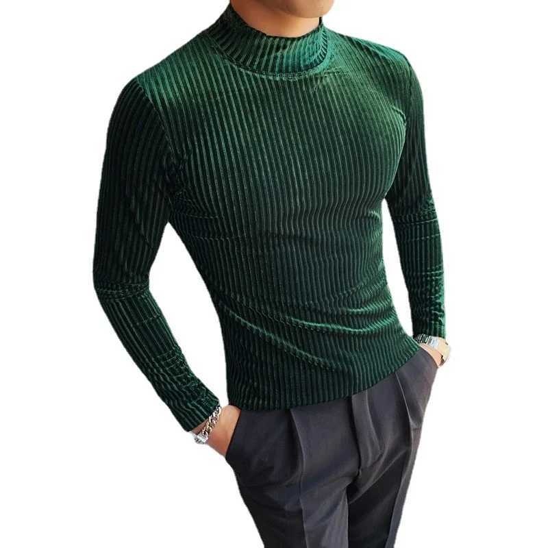 New gold velvet T-shirt mens clothing fashion trend mens luxury dance party long sleeved striped floral top W241026