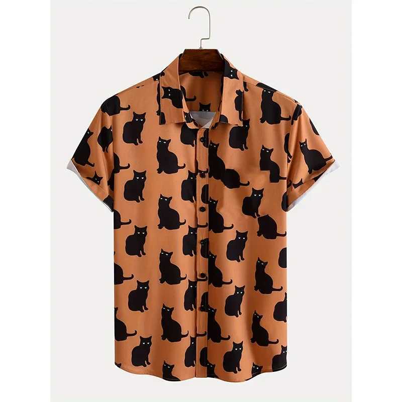Summer Allover Cat Print Mens Casual Short Sleeve Haian Casual Button Collar Shirt Summer Mens Clothing W241026