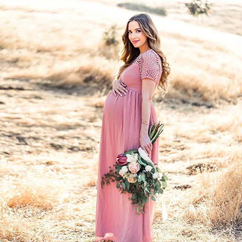 Pregnant dresses pregnancy photography props dusty pink chiffon elegant maternity clothing lace W241026