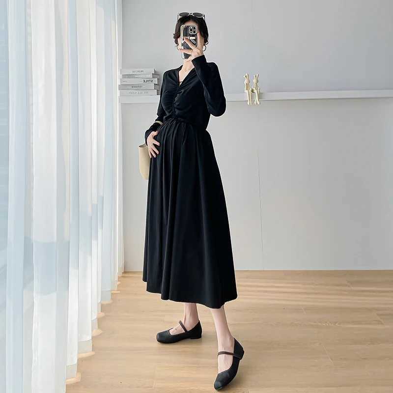 French maternity black dress autumn long sleeved Vneck elegant maternity empire dress plus size maternity party dress W241026