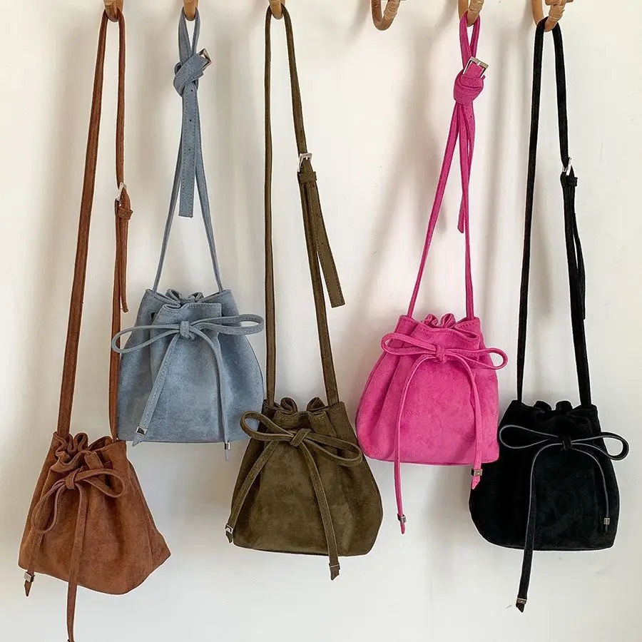 Fashionable artificial suede bucket bag high-quality shoulder bag cross body bag womens pleated drawstring bag fashionable handbag 241025