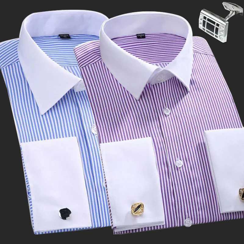 6XL mens long sleeved shirt for spring and summer formal business French buttons no solid color stripes plus size casual W241026