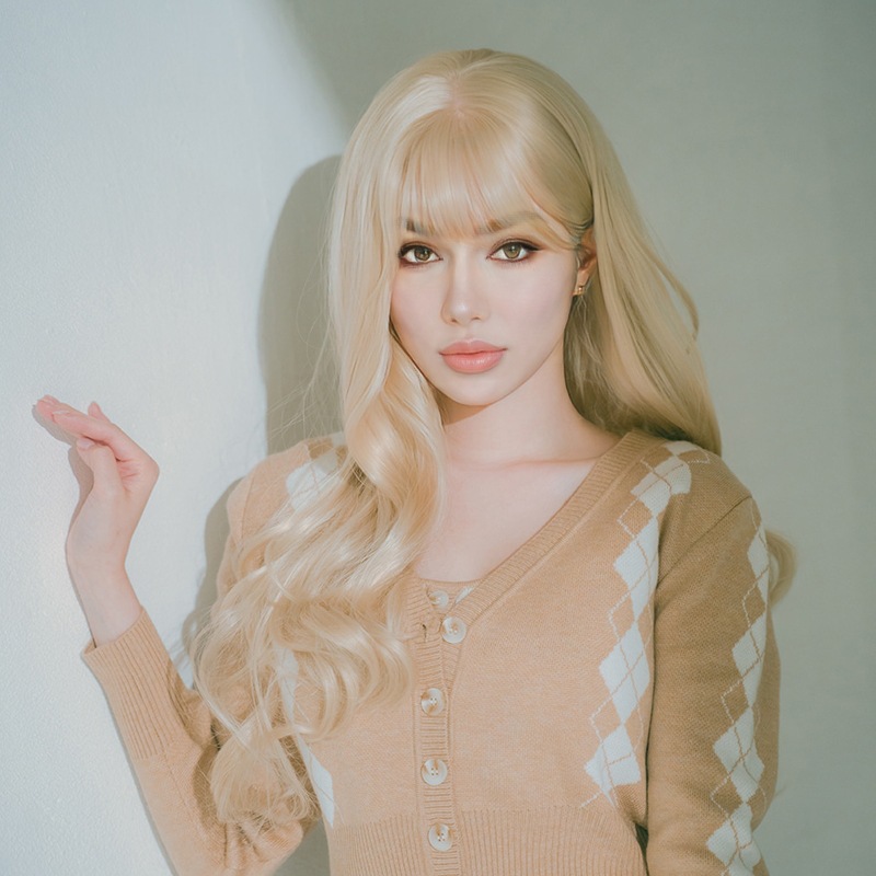 Women's long bangs wig blonde big wave synthetic fiber full headpiece human hair wig
