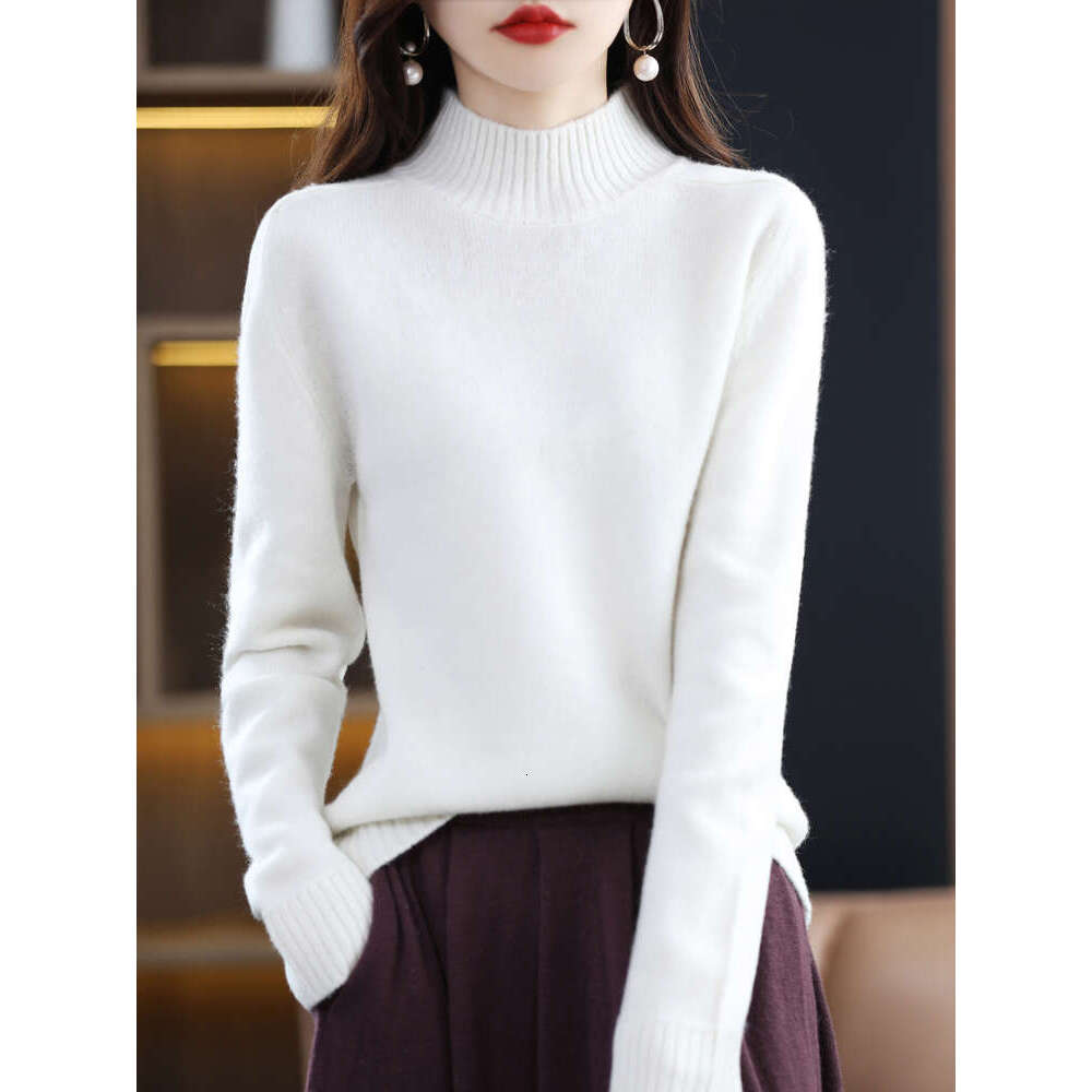 100% Merino Wool Pullover Sweater Women Mock Neck Basic Long Sleeve Autumn Winter Cashmere Knitted Jumper Korean Fashion Tops