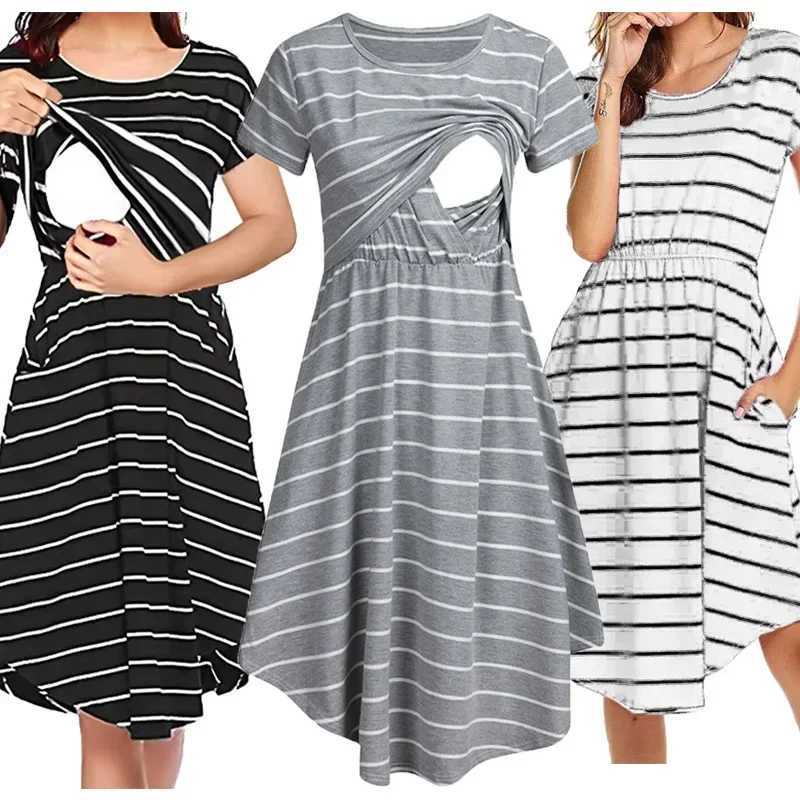 Summer maternity care striped dress maternity baby shower clothing womens pajamas multifunctional maternity nursing dress W241026