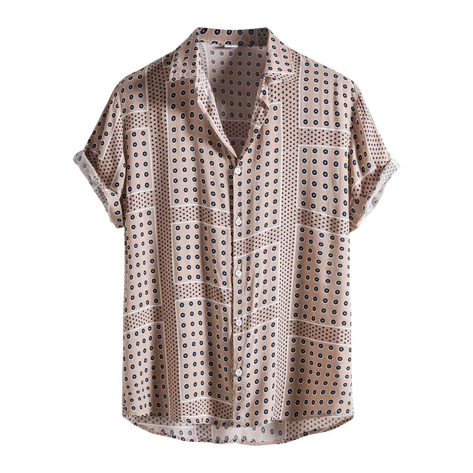 2024 Mens Short Sleve Casual Loose Shirt Summer Hound Plaid Shirt Mens Haian Short Sleve Beach Button Shirt W241026