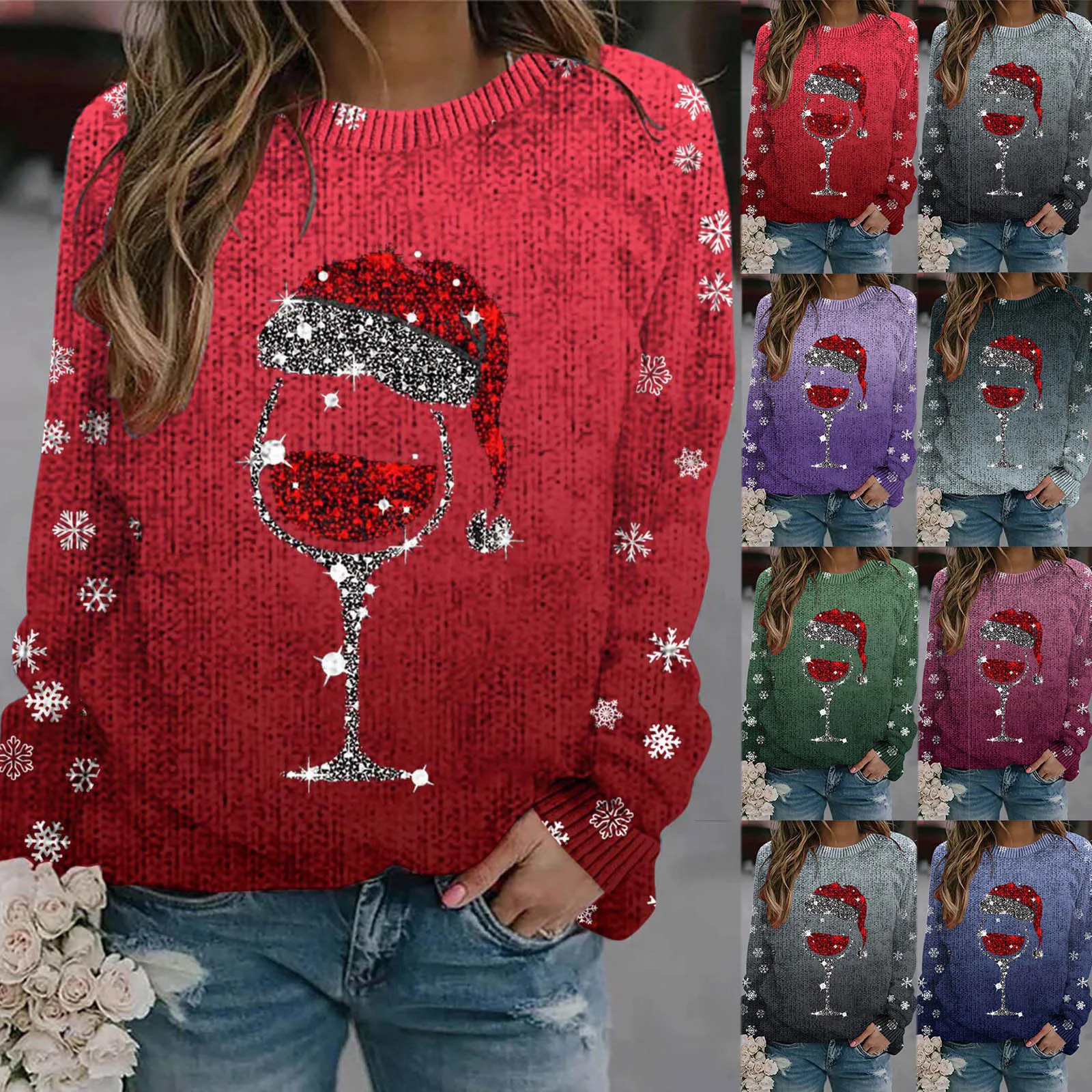 Autumn Christmas wine glass pattern womens sweater thick snowflake print sweater Christmas gradient color latte knit sweater 241025