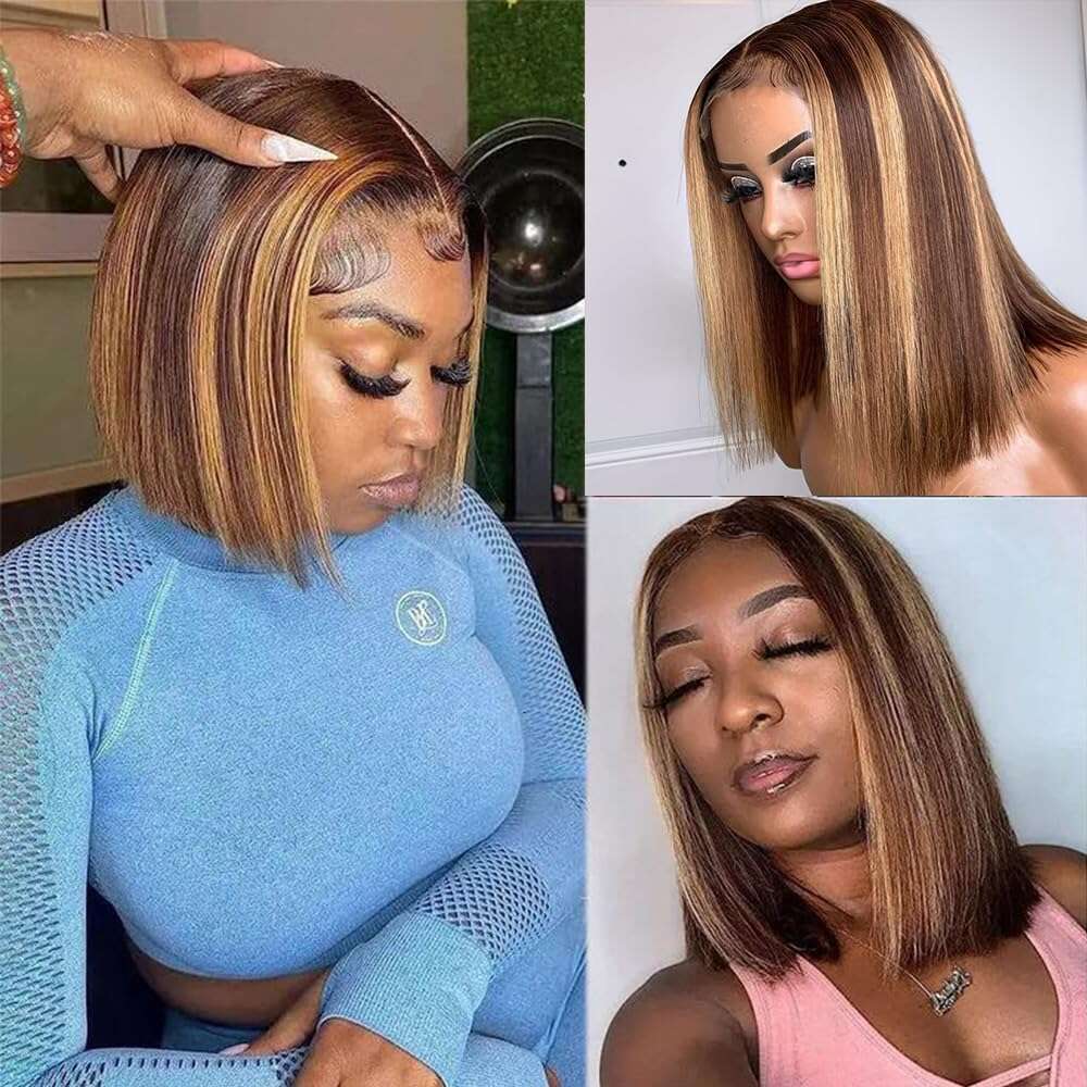 14 Inch Wear And Go Glueless Bob Human Hair Plucked Pre Cut P4/27 Highlight Blonde 6X4 Lace Closure Straight Wigs Short