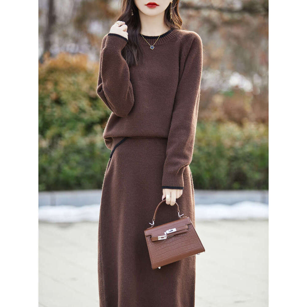 Fashion Suit Spring Autumn Winter 100% Merino Wool Knit High Quality Sweater Women Top And Harem Skirt Two-Piece Female Clothing