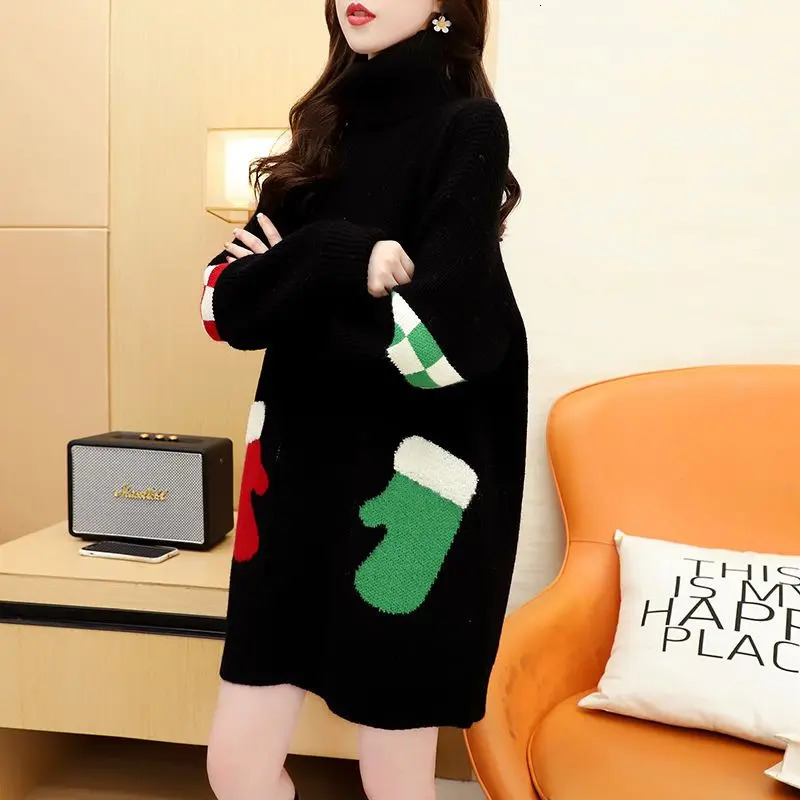 Autumn and winter casual Korean turtle collar long sleeved floral womens clothing fully matched Christmas knitted medium length womens top 241025