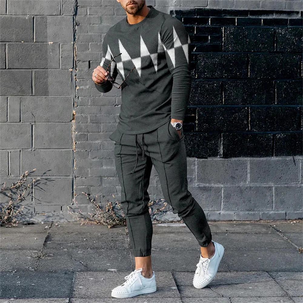 Dark Green Stripes Y2K Men Spring AutumnRound Neck Tracksuit Casual Long Sleeve TShirtPants Suit 2Pcs Set Man Clothes 241025