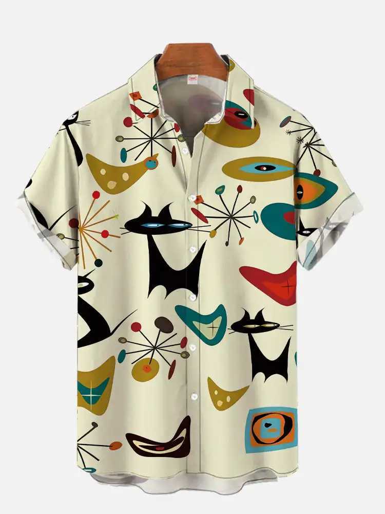 Cute cat print casual shirt for men wearing 3D printed classic short slip shirt every day fashionable Haian shirt Harajuku mens style W241026