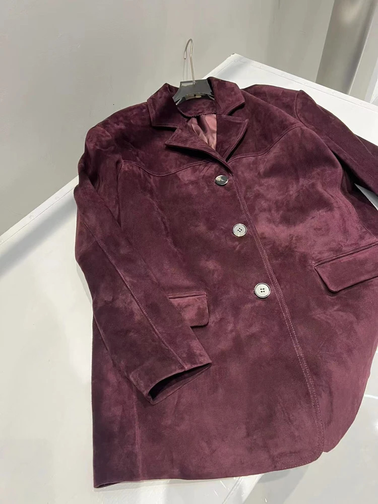 French high-end Western style womens leather jacket purple red oversized casual rens suede suit jacket 241025