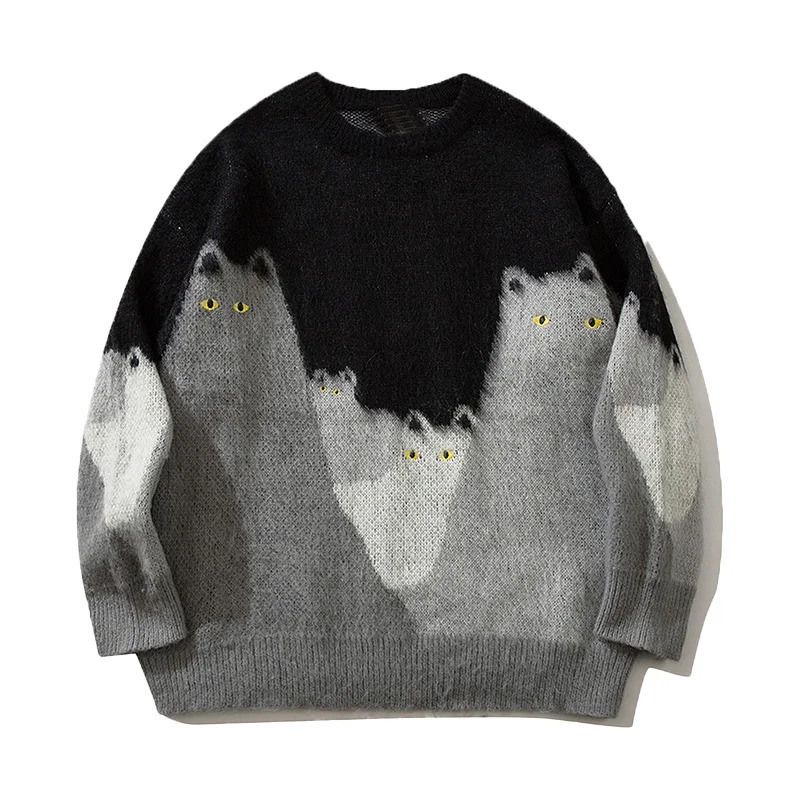 Womens Autumn And Winter Black Cat Sweater Unisex Round Neck Casual Knitted Pullover 241025