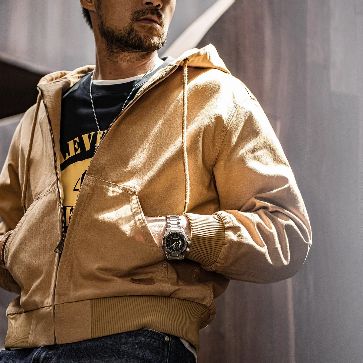 Maden Vintage J130 Heavyweight Hooded Jacket Canvas Classic Short Zip Front Solid Color Outerwear for Men Autumn Streetwear Coat 241025