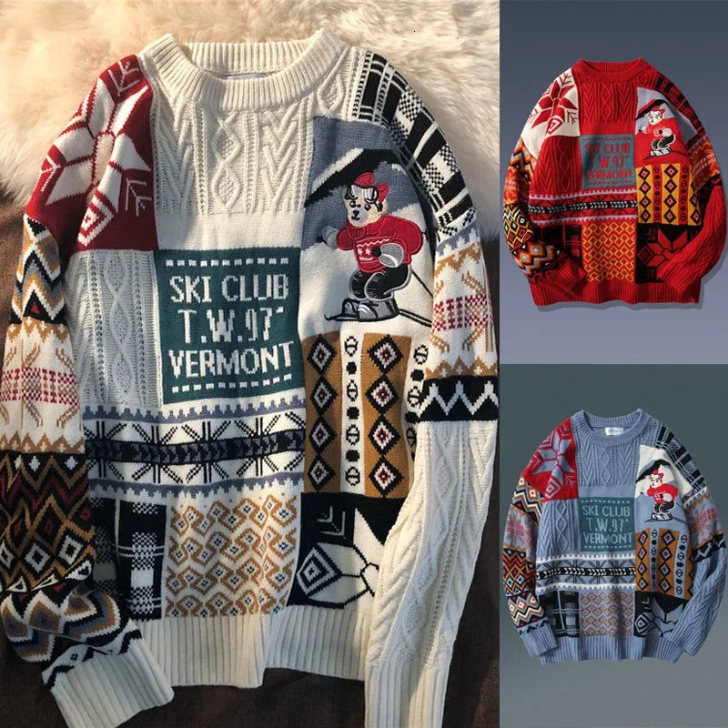 Round neck sweater Christmas Y2K retro bear ladies and men loose autumn winter fashion woolen clothes trend ins 241025