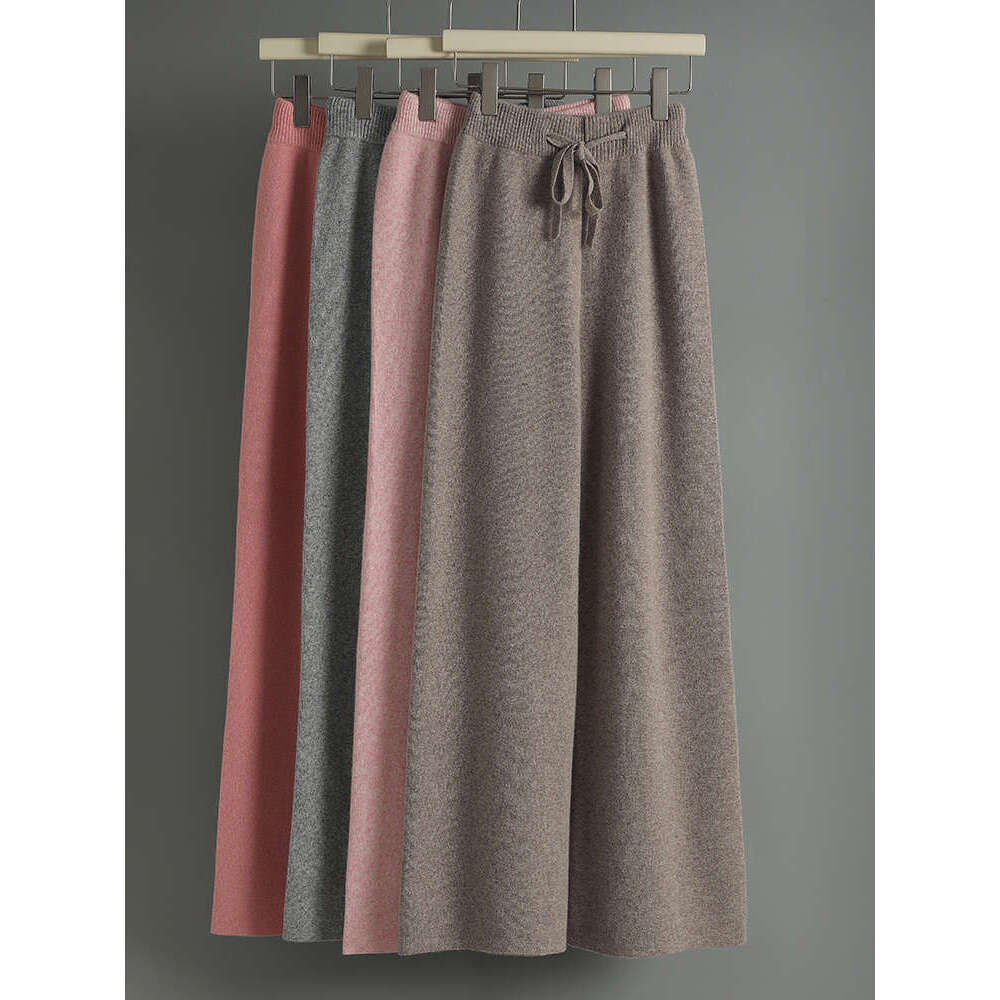 CHICUU Women Cashmere Autumn Winter Wide Leg Pants Full Length 100% Merino Wool Knitwear Basic Simple Trousers Korean
