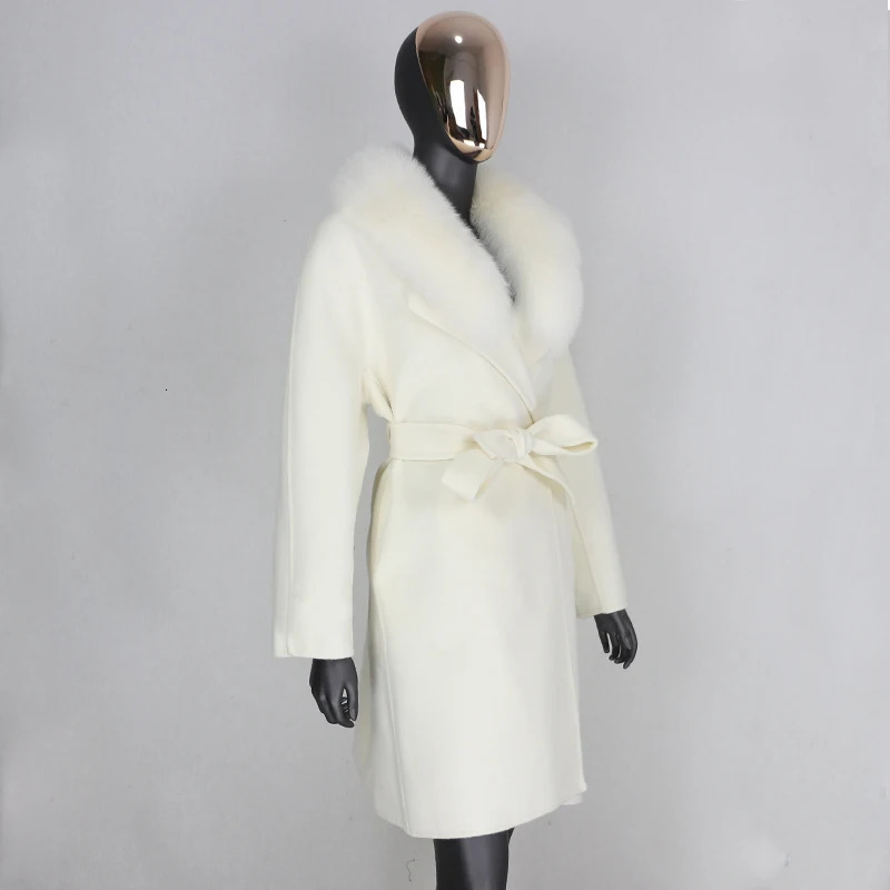 CXFS Real Fur Coat Winter Jacket Women Loose Natural Collar Cashmere Wool Blends Long Outerwear Belt Streetwear 241025
