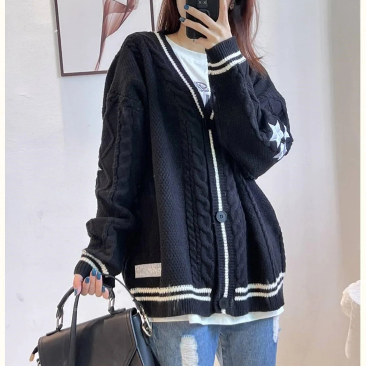 Knit Print Winter Cardigan Sweater Chic Vintage Star Preppy Long Sleeve Autumn V Neck Aesthetic Retro Single Breasted Sweaters 241025