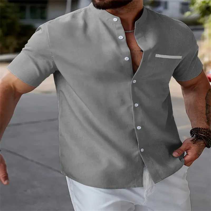 Mens solid color shirt daily short sleeved V-neck button fashionable design casual comfortable breathable W241026