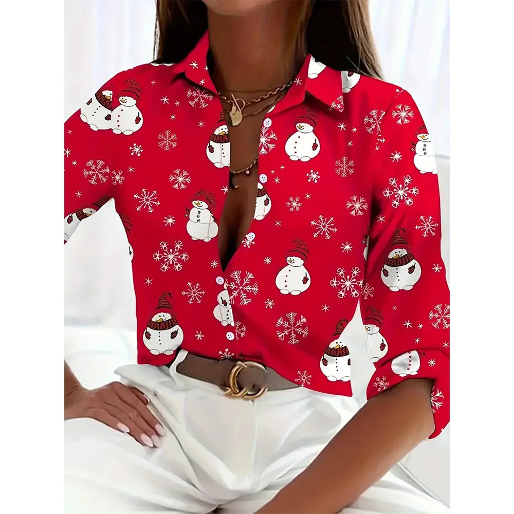 Womens 2024 3d Christmas Printed Long Sleeve Shirts Elegant Lapel Top Winter Spring SingleBreasted Basic Shirt 241025